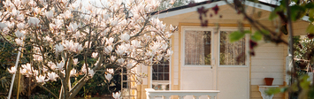 View of small house in garden.