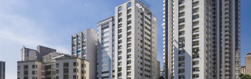 View of large high rise apartment towers.