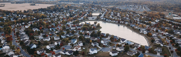 Aerial view of suburban neighborhood.