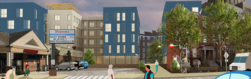 New mid-rise buildings among existing commercial and residential structures. 
