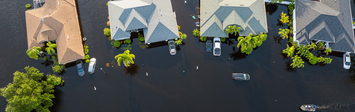 Aerial view of flooded homes.