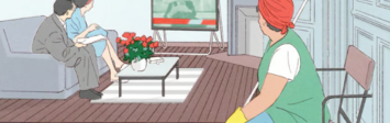 Illustration of people watching TV as a housekeeper looks on.